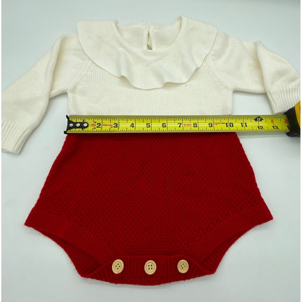 Isabella romper Red Cream Knit Ruffle Collar Long Sleeve Cotton One Piece - Picture 6 of 11